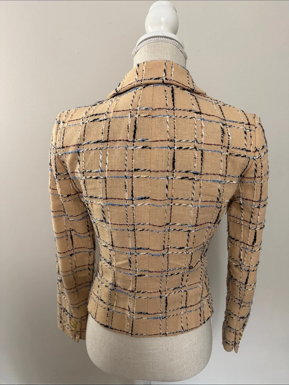 Tory Burch Beige Plaid Tweed Blazer with Navy Accents